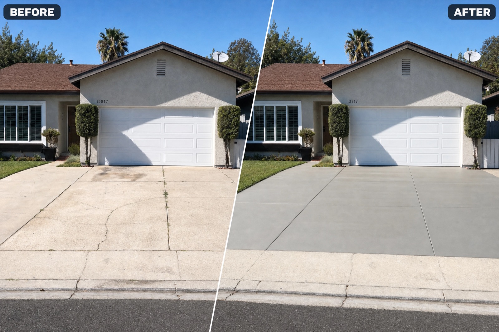 Before and after: a cracked driveway restored to a clean, uniform surface