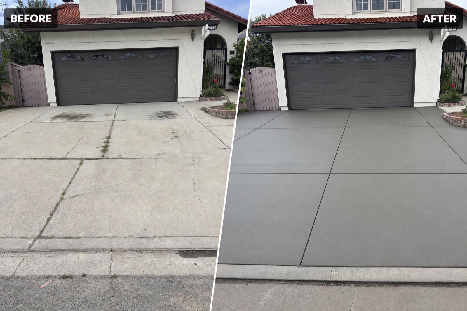 Before and after: a stained driveway given a fresh gray overlay and color seal